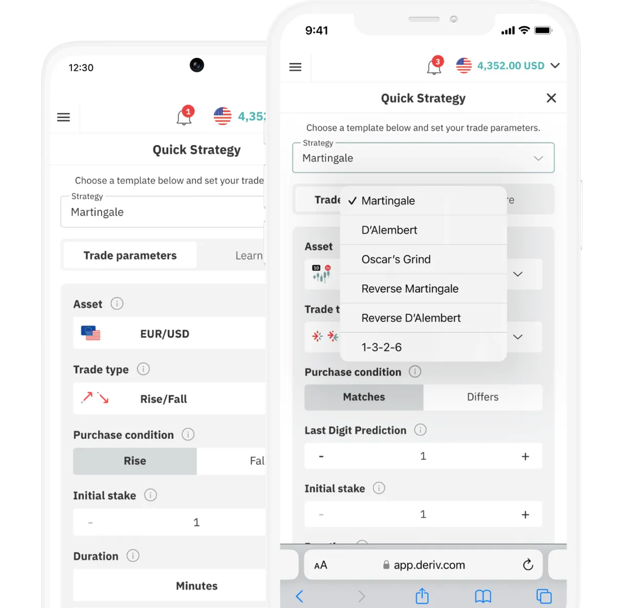 A mobile screen showing the trading strategies on Deriv Bot