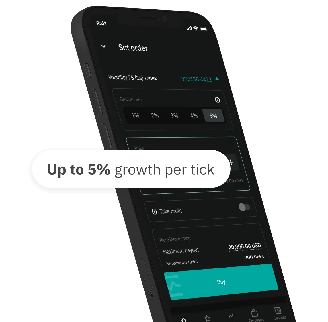 A mobile screen showing trade parameters on Deriv GO mobile app