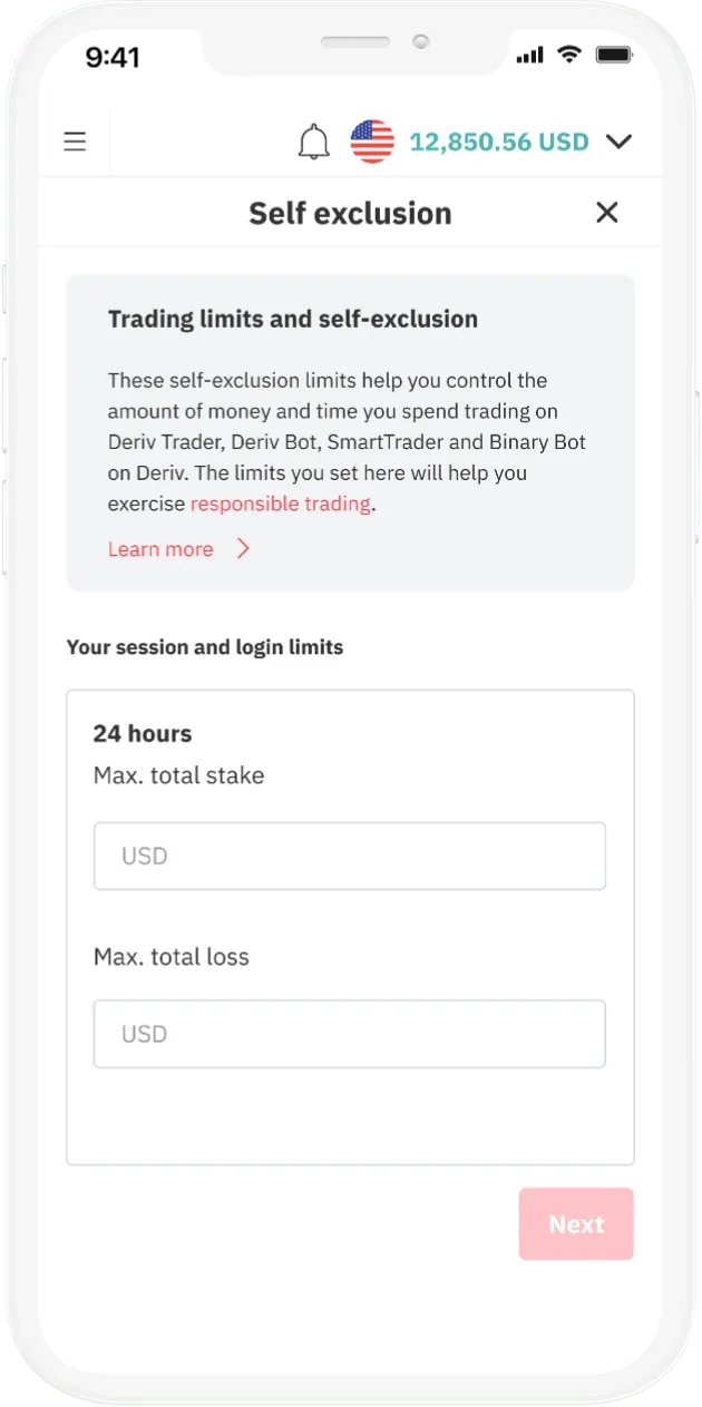 Screen showing self-exclusion information for your trading account