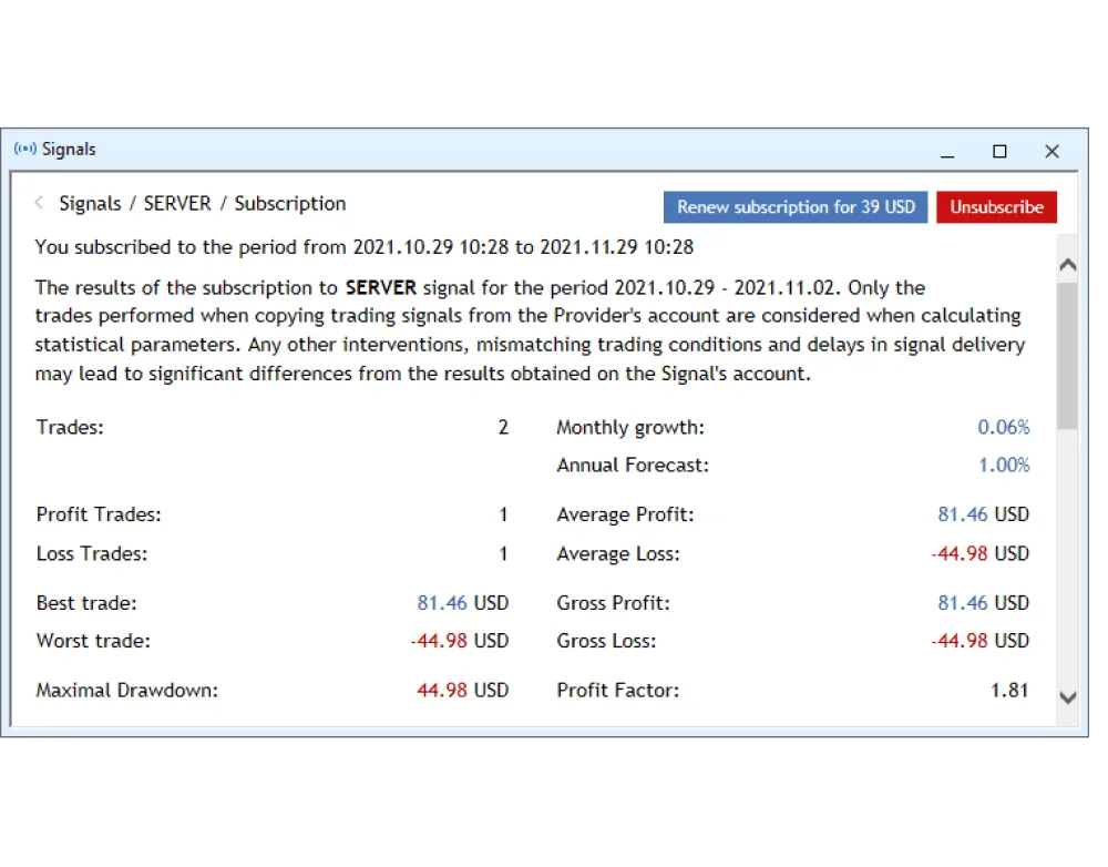 Pop-up window showing instructions on how to renew or unsubscribe from signal providers on the MT5 trading terminal.
