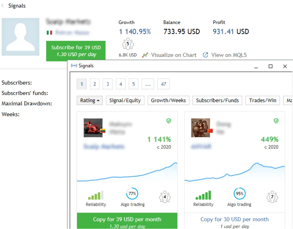 Pop-up window on MT5 trading terminal displaying the profile of an MT5 signal provider.