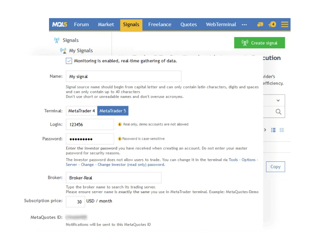 Pop-up window showing how to create a signal as a Deriv MT5 trading signals provider.