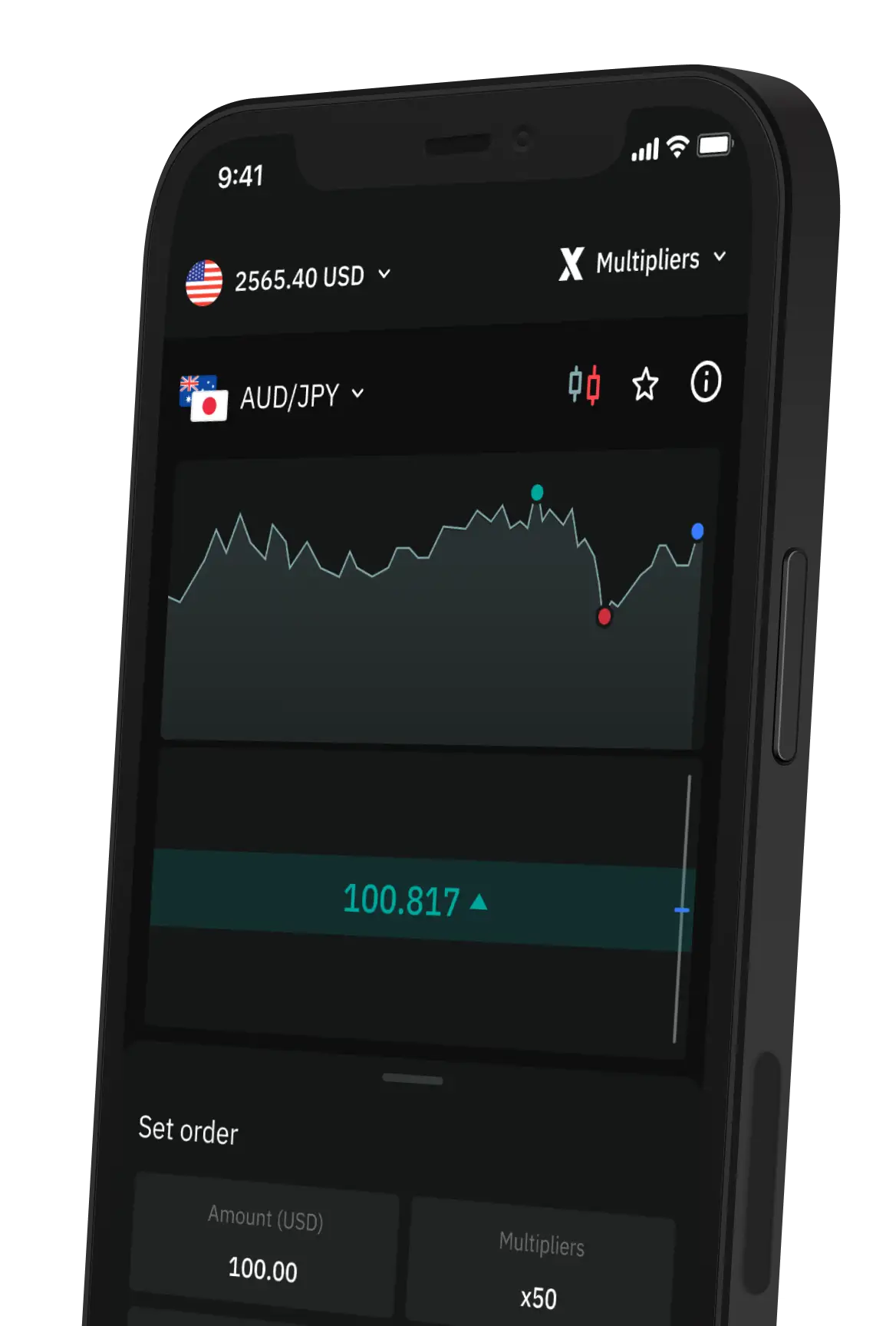 Deriv GO mobile app interface showing a multiplier trade for AUD/JPY.