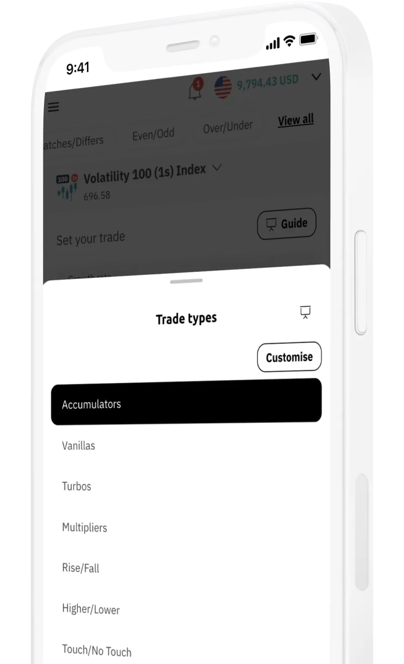 A mobile screen showing different trade types on Deriv Trader.