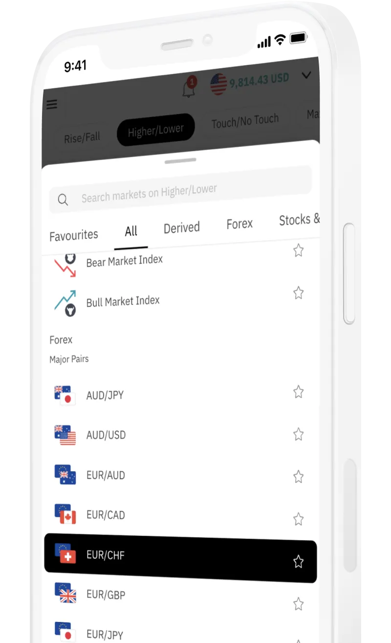A mobile screen showing different trading assets on Deriv Trader.
