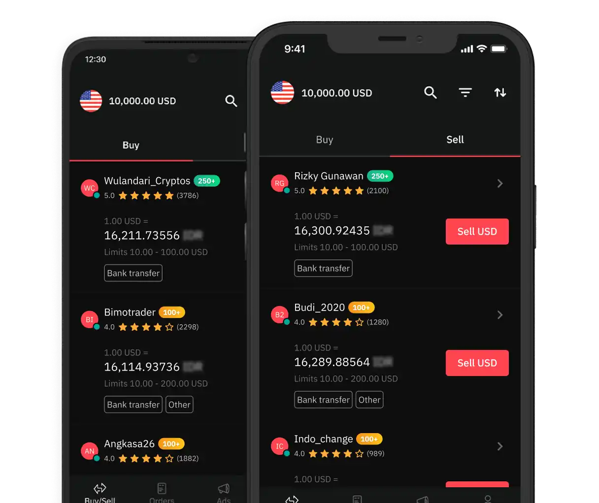 Mobile screens showing a list of buyers and sellers on Deriv P2P
