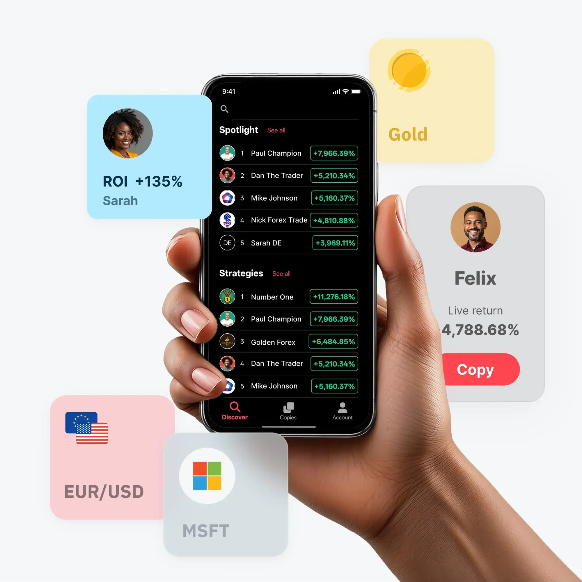 An illustration of a best copy trading app displaying a live return chart, ROI, and GBP/CAD data alongside the Microsoft and Meta logos.